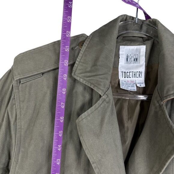 Together Women 8 Military Style Trench Coat Olive Green Leather Trim Grunge Goth - Picture 14 of 16